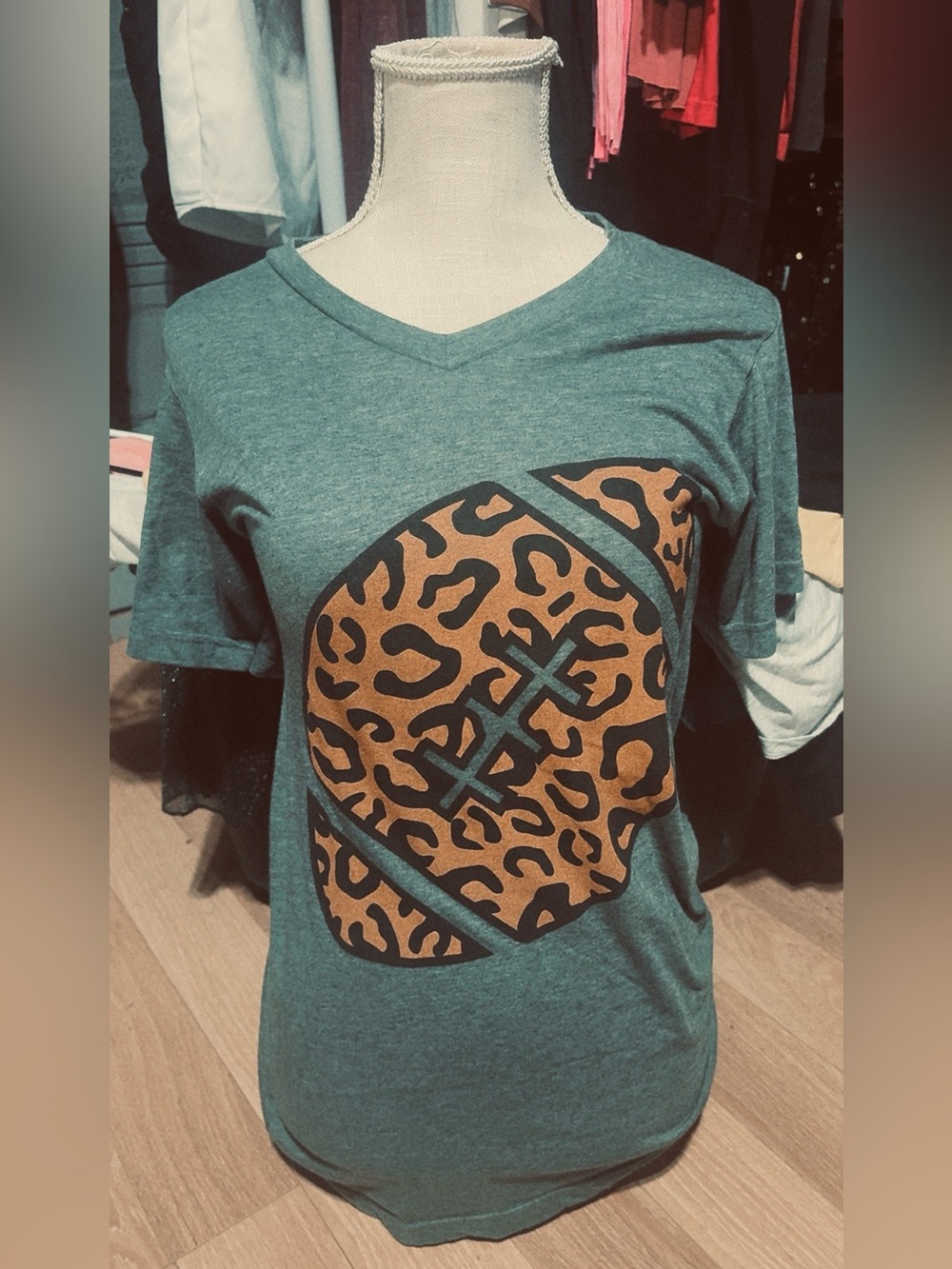 Women's Gray V-Neck Tee with Leopard Football Graphic